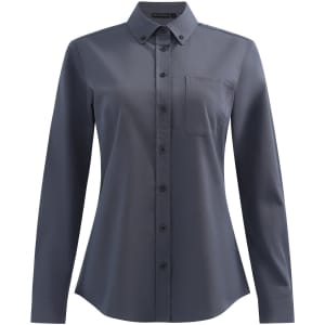 A ladies' smart casual long sleeve shirt in dark grey with a button-up front and a chest pocket. It has a subtle logo.