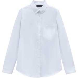 A white long-sleeved cotton blend shirt with a button-up front and a single chest pocket. It features a collar and has a logo.