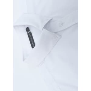 A white ladies' smart casual long-sleeve cotton blend shirt with a collar and button details. The shirt features a logo.