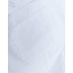 A white cotton blend long-sleeve shirt featuring a chest pocket and a button-up collar. It has a subtle branding logo.