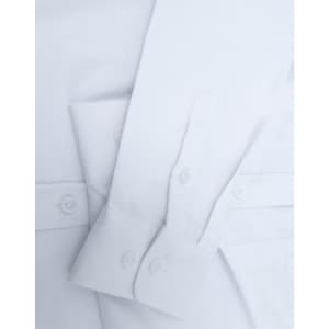 A white ladies' long-sleeve cotton blend shirt with button cuffs and a subtle branding detail.
