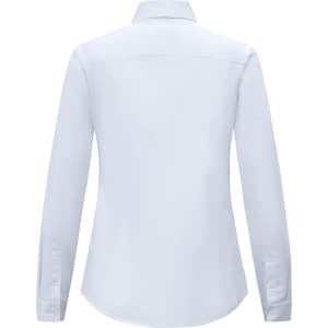 A white, long-sleeved cotton blend shirt with a collar and a curved hem. The back features a logo.