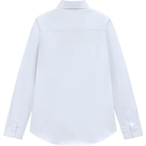 A white ladies' long-sleeve shirt made from a cotton blend, featuring a button-down collar and back yoke.