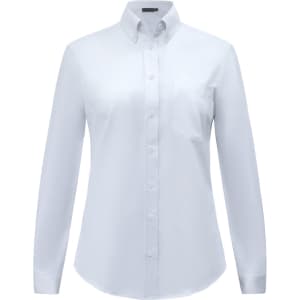 A white long-sleeved cotton blend shirt for women with a collar and a pocket on the chest. It features a logo.