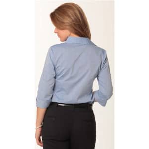A women's fine chambray shirt in light blue with 3/4 sleeves, featuring a back view and a logo.