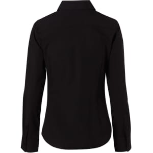 A black women's long-sleeve button-up shirt featuring a classic collar and fitted design. Includes branding.