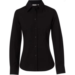 A black women's long-sleeve button-up shirt made from cotton and poly stretch fabric, featuring a sleek design and a logo.