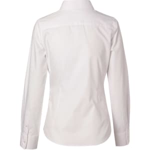 A women's white long-sleeve cotton/poly stretch button-up shirt, featuring a back view and a logo on the label.