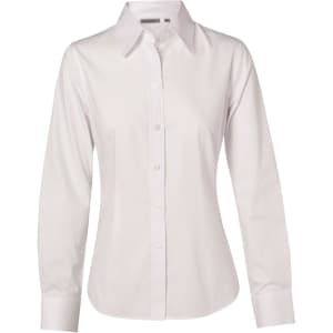 A white women's long sleeve cotton/poly stretch button-up shirt with a collar and branding.