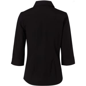 A black women's cotton/poly stretch shirt with 3/4 sleeves and a collar, featuring a smooth back design.