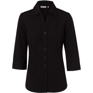 A black women's cotton/poly stretch 3/4 sleeve button-up shirt featuring a classic collar and a logo.