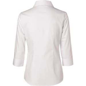 A white women's cotton/poly stretch 3/4 sleeve button-up shirt with a collar and a logo on the back.