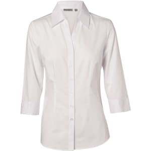 A white women's cotton/poly stretch 3/4 sleeve button-up shirt, featuring a pointed collar and a logo on the label.