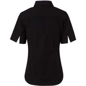 A black women's short-sleeved button-up shirt with a standard collar and a logo.