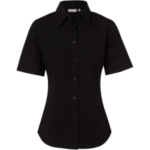 A black women's short-sleeve button-up shirt with a fitted design and a collar. It features a branded tag.