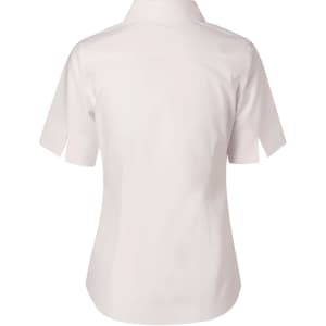 A light-coloured women's short-sleeve button-up cotton/poly stretch shirt with a simple back design.