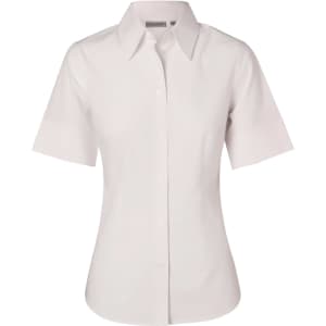 A white women's short-sleeve button-up shirt made from cotton and poly stretch fabric, featuring a collar and a logo.