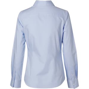 A light blue women's long sleeve button-up shirt with a collar and buttoned cuffs, featuring a logo on the back.
