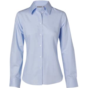 A light blue women's fine twill long-sleeve button-up shirt with a collar and buttons. Features branding.