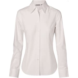 A white women's fine twill long sleeve button-up shirt with a collar and logo on the label.