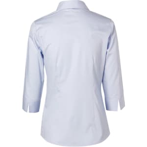 A light blue women's button-up shirt with 3/4 sleeves and a standard collar, featuring a back yoke detail.