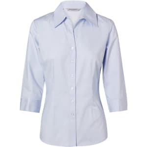 A light blue women's button-up shirt with 3/4 sleeves and a collar. Features a solid colour and has a logo.