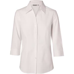 A white women's fine twill 3/4 sleeve button-up shirt featuring a classic collar and a logo on the left.