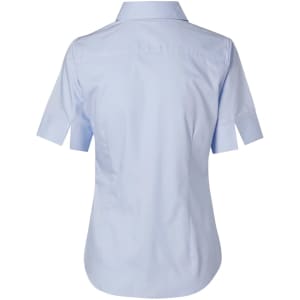 A light blue women's fine twill short-sleeve button-up shirt with a sleek design and a back yoke.
