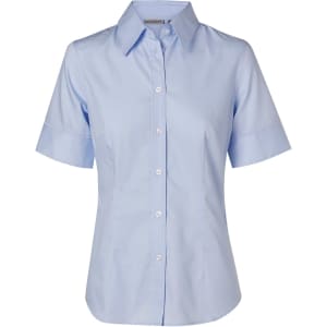 Light blue short-sleeved button-up shirt with a collar, featuring a logo on the chest.