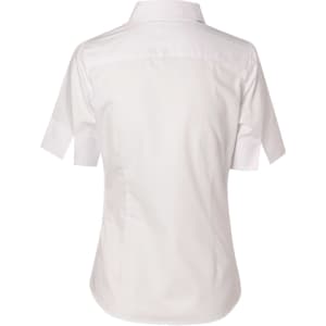 A white women's fine twill short-sleeve button-up shirt with a fitted design, featuring a collar and a back view.
