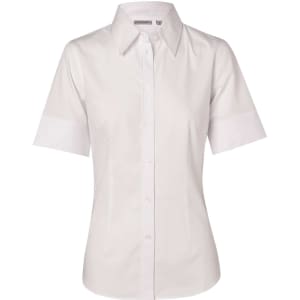 A women's short-sleeve button-up shirt in white, featuring a collar and subtle shaping details. It has a small logo.