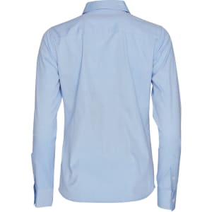 A light blue women's long-sleeve button-up shirt featuring a back yoke and cuffs. Includes a logo.