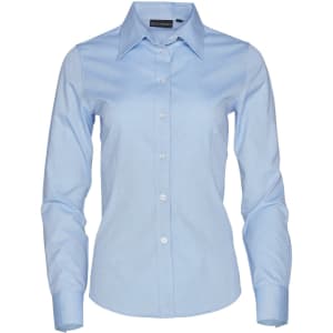 A light blue women's CVC Oxford long-sleeve shirt with a button-up front and a collar, featuring a logo.