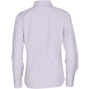 A lilac women's button-up shirt featuring long sleeves and a back view design, with a logo present.