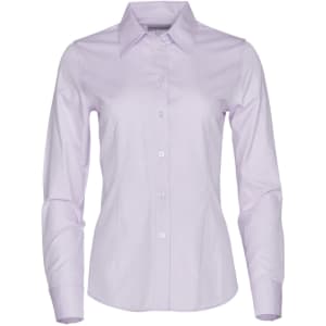 A lilac women's button-up shirt with long sleeves and a collar, featuring a logo on the chest.