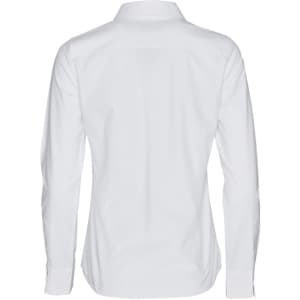 A white women's long-sleeve button-up shirt with a collar and a back view. Features branding on the label.