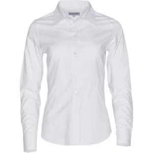 A white women's long-sleeve button-up shirt with a classic collar and a logo.