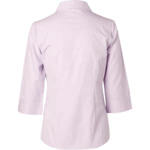A pale lavender women's 3/4 sleeve button-up shirt, featuring a classic collar and a branded logo.