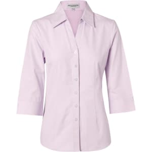 A lilac button-up shirt featuring a collar and 3/4 sleeves, with a logo on the label.