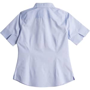 A light blue women's button-up shirt with short sleeves and a back yoke, featuring a logo.