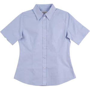 A light blue women's button-up short-sleeve shirt featuring a collar and a logo.