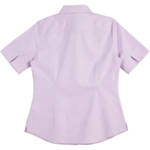 A short-sleeved, button-up women's shirt in light purple with a fitted back design and a logo on the fabric.