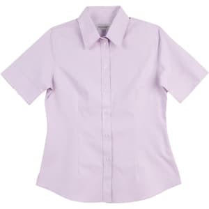 A light purple women's button-up shirt with short sleeves and a collar, featuring a logo.