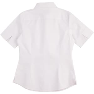 A short-sleeved women's oxford shirt in white, featuring a classic button-up design and a logo.