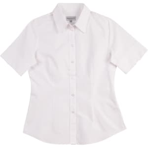 A white women's short-sleeve button-up Oxford shirt. It features a fitted design and includes a logo.