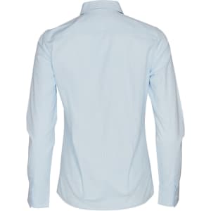 A light blue women's self-stripe long-sleeve button-up shirt with a collar and cuffed sleeves.