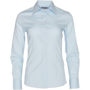 A light blue women's self-stripe long-sleeve button-up shirt with a collar and a logo.