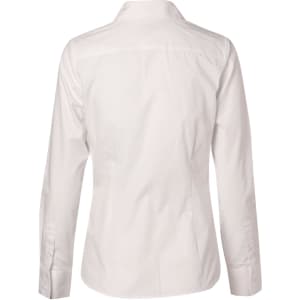A white women's self-stripe long sleeve shirt with a collared neckline and button-up cuffs, featuring a branding logo.