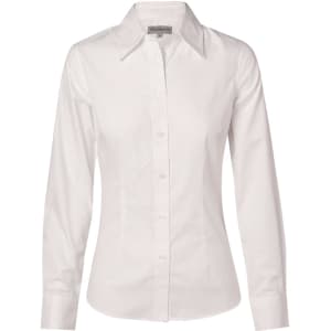 A white women's long-sleeve button-up shirt with self-stripes and a collar, featuring a branded label.