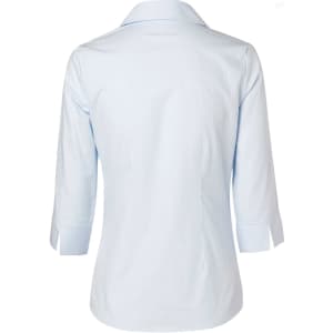A light blue women's self-stripe button-up shirt with 3/4 sleeves, featuring a back view and a collar.